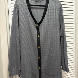 Gray Button-Up Cardigan with Black Trim